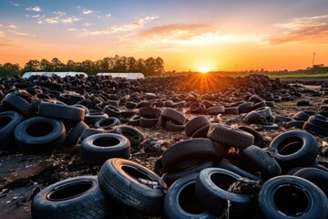 Obraz premium A pile of discarded tires on a dirt field at dawn