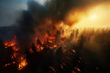 Fototapeta na wymiar very powerful forest fire, burning and deciduous coniferous fore