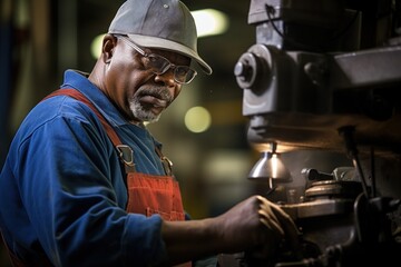 A skilled African American worker operating a vintage lathe in a factory