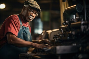 A skilled African American worker operating a vintage lathe in a factory