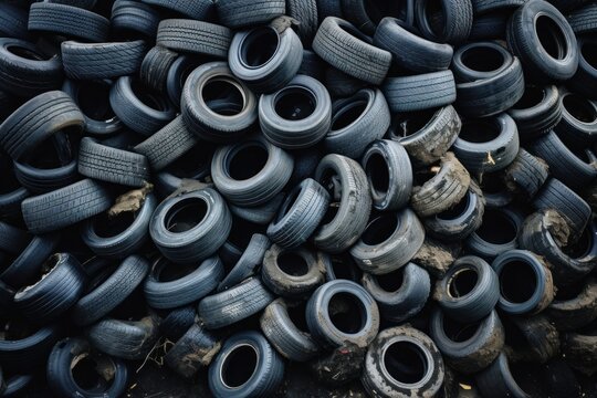 A stack of discarded tires at a landfill during sunrise