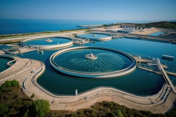 A bird's eye view of a sprawling water treatment facility - obrazy, fototapety, plakaty