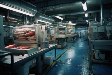 A spacious food factory filled with a variety of fresh seafood products