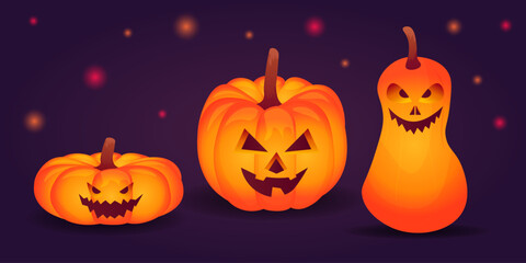 Halloween pumpkins with scary faces on a dark background. Vector cartoon illustration.