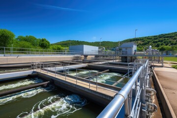 A wastewater treatment plant with a high volume of water being processed