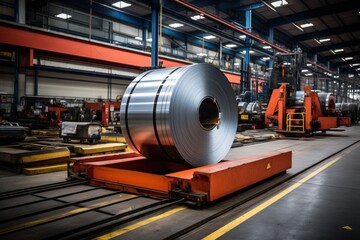 A massive roll of cold rolled steel on a cart in a factory warehouse - obrazy, fototapety, plakaty