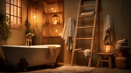  a bathroom with a ladder and a bathtub in it.  generative ai