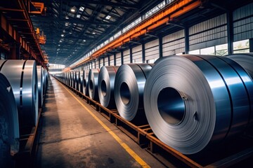 Rolls of cold rolled steel in a factory warehouse