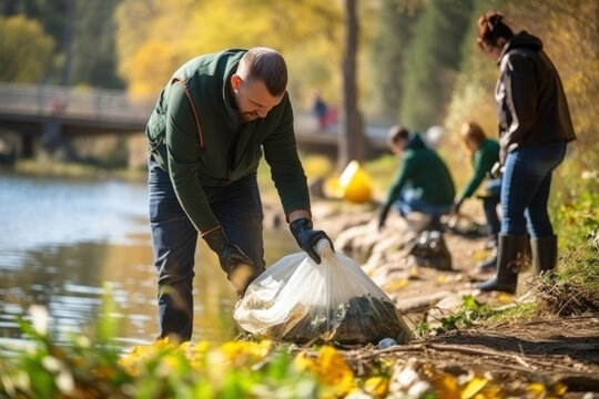 A man cleaning up garbage near a river in a park