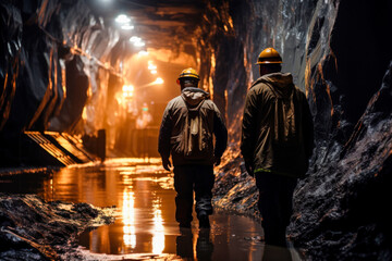 Fototapeta na wymiar A group of workers walking through a tunnel in a mining quarry