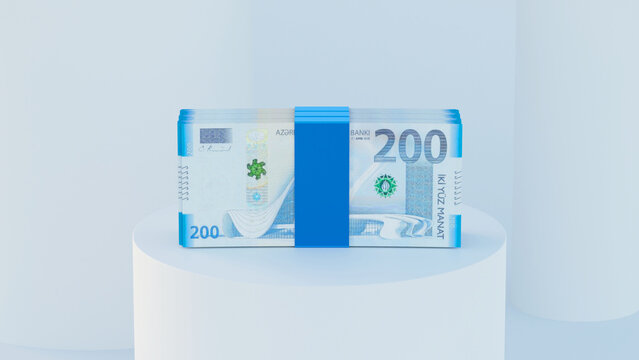 Azerbaijan 200 manat. stack of money pack in 3D realistic style. Wad of cash AZN on blue background. 3d illustration isolated