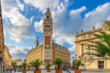 Lille Chamber of Commerce and Industry Nouvelle Bourse New Stock Exchange with belfry bell tower on Place du Theatre square in Lille city historical center, French Flanders, Nord department, France
