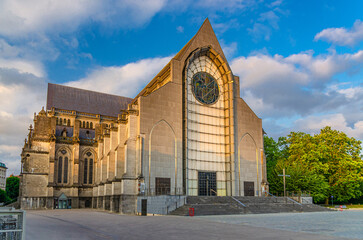 Lille Cathedral Basilica of Notre Dame de la Treille Roman Catholic church Neo-Gothic architecture style building in Lille city historical center, French Flanders, Nord department, Northern France - obrazy, fototapety, plakaty