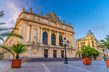 Opera de Lille opera house theatre neo-classical style building and on Place du Theatre square in Lille city historical center in the evening, Nord department, Hauts-de-France Region, Northern France - obrazy, fototapety, plakaty