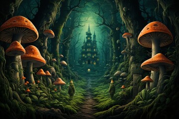 Giant talking mushrooms offering cryptic advice in dense forest groves - Generative AI - obrazy, fototapety, plakaty