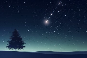 Night sky with shooting star and Christmas tree. Generative AI