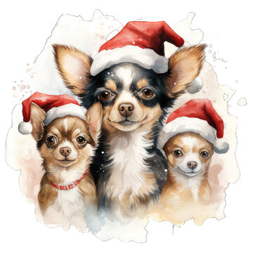 Three Cute Christmas Chihuahua Dog Wearing Santa Hat Transparent Watercolor Png Graphic
