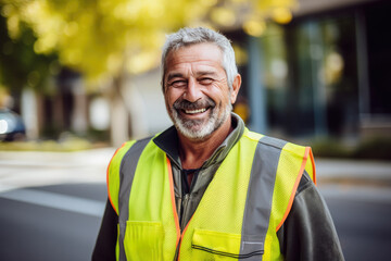 A confident and happy mature Caucasian man in a hardhat, an experienced professional at a construction site.