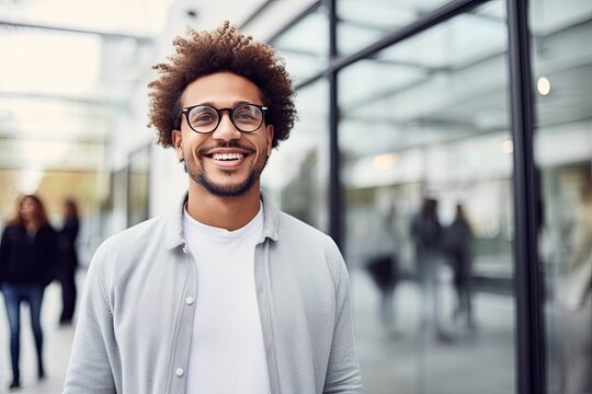 A happy young man in a city, smiling with confidence in a modern outdoor portrait.