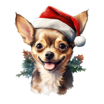 Cute Christmas Chihuahua Dog Wearing Santa Hat Transparent Watercolor Png Graphic