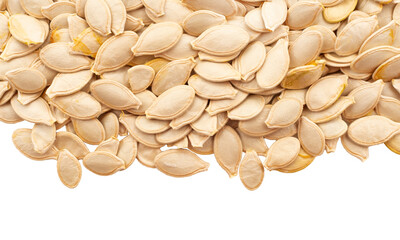 White pumpkin seeds in peel on a white background. Seed isolate. Pumpkin