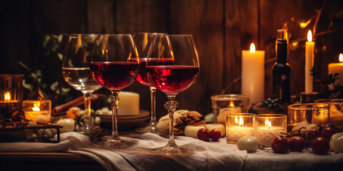 Fototapeta na wymiar A glass of wine on a table with candles in a noir atmosphere, candles, cozy, autumn, winter season, warm atmosphere 