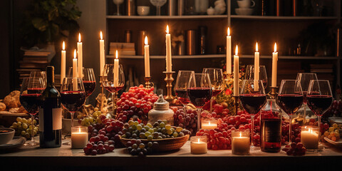 A glass of wine on a table with candles in a noir atmosphere, candles, cozy, autumn, winter season, warm atmosphere 