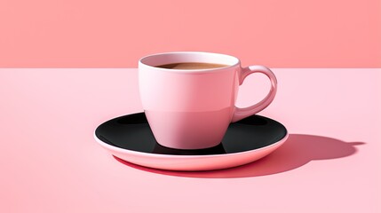  a cup of coffee on a saucer on a pink background.  generative ai