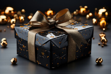 A luxurious high-quality black gift box with exquisite gold embossed design, a lavish gold ribbon  - obrazy, fototapety, plakaty