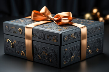 high-quality black gift box with gold embossed design, a lavish gold ribbon, and an indication of its expensive nature  - obrazy, fototapety, plakaty