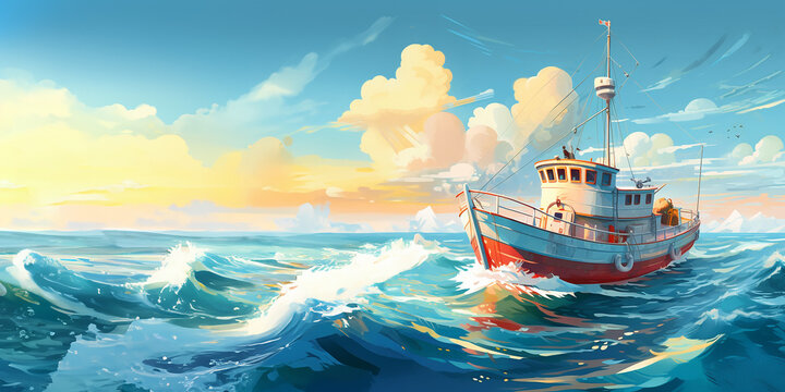 illustration of a fishing boat in the idyllic sea, created using generative AI tools