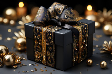 A luxurious high-quality black gift box with exquisite gold embossed design, a lavish gold ribbon, and an indication of its expensive nature 