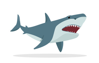Furious Shark animal icon. Underwater swimming shark, toothy fish mascot, sea fauna character. Ocean aquatic shark with open mouth. Vector flat or cartoon illustration isolated on white background.