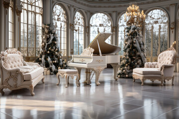  chic luxury white grand piano in a large white living room with Christmas decorations and sofa
