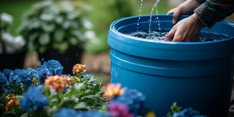 A Person Collects Liquid Rainwater from a Blue Barrel, Demonstrating the Value of Thrift, Treatment, and Reuse in Combating Drinking Water Waste Amid Water Shortages - obrazy, fototapety, plakaty