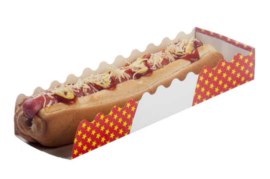 sandwich, snack or hot dog in red and white packaging with space to place your company logo