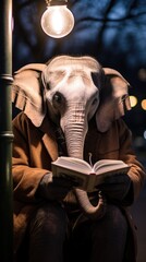 An elephant reading a book under a street light. Generative AI.