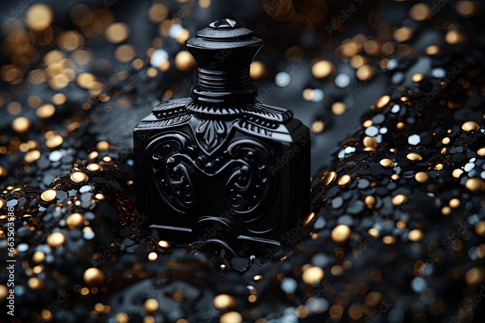 Canvas Prints Abstract black perfume bottle on black gold background