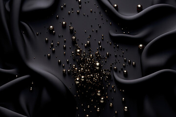 Smooth elegant black silk cloth with black gold drops beads, mock up - obrazy, fototapety, plakaty
