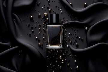 Abstract black perfume bottle on black silk cloth background - obrazy, fototapety, plakaty