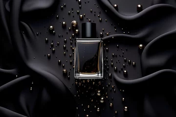 Foto op Plexiglas Abstract black perfume bottle on black silk cloth background © nnattalli