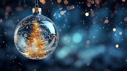 Fototapeta na wymiar Christmas gold tree in transparent lantern on blue blurry background
