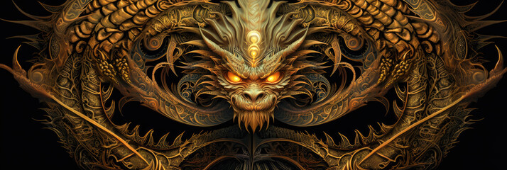 A surreal golden dragon, banner