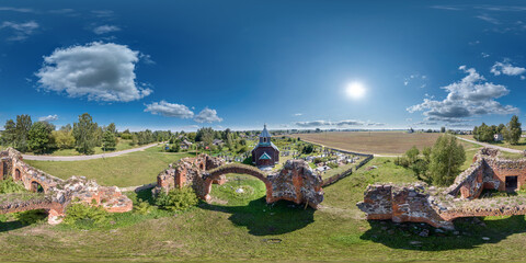 full seamless spherical hdri 360 panorama inside ruined abandoned church with arches without roof...