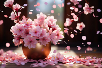 pink sakura blossoms in vase near window