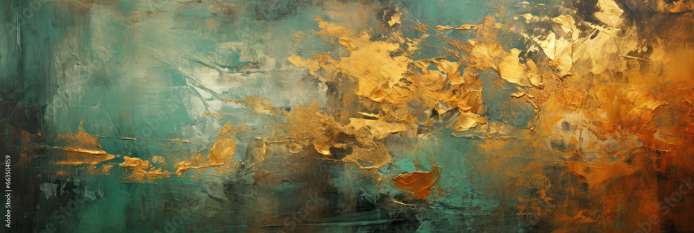 Wall mural abstract hand painted gold splashes on distressed green blue wall, panorama