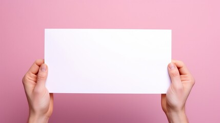 Hand of women holding blank white paper, isolated on pink background. AI generated image - obrazy, fototapety, plakaty