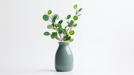 Green eucalyptus flower in vase isolated on white background