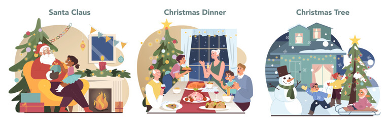 Christmas celebration set. Cheerful family members or friends getting