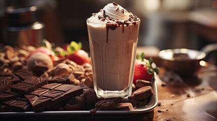  a chocolate shake with whipped cream and chocolate on a plate.  generative ai